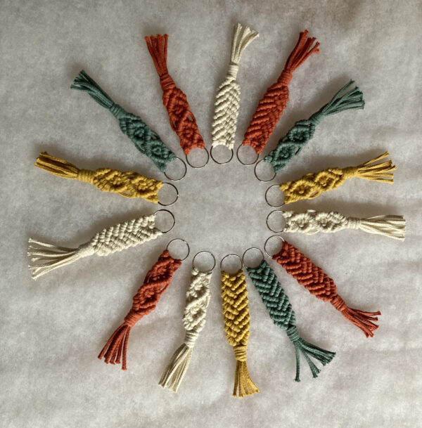 Handmade macramé keyrings made with braided cotton cord