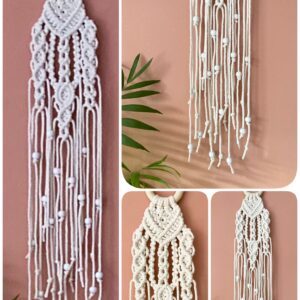 Handmade macrame hanging decoration in cream cord with white wooden beads